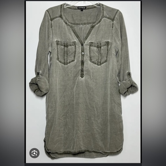 Express XS Shirt Dress Roll Tab Long Sleeves Faded Green Olive Distressed - Picture 1 of 10